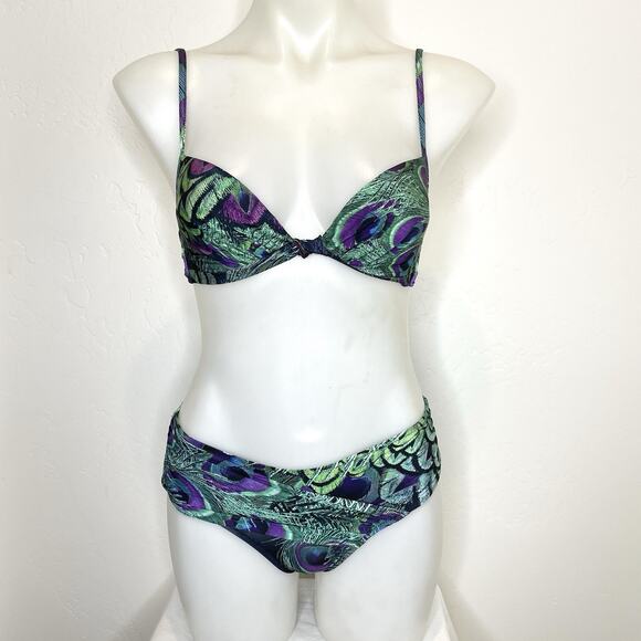 La Perla 2 Piece Bikini Swimsuit Set Womens 42 US 6 Peacock Print - Picture 1 of 10